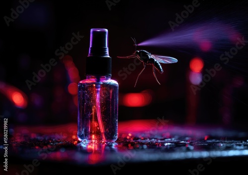 Spray bottle targets a flying insect in vibrant neon light