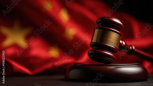A judge's gavel rests on a sound block with a blurred Chinese flag in the background, symbolizing law and justice in China.