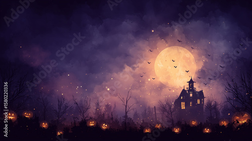 Halloween Illustration with Glowing Pumpkins and Haunted House(光るカボチャとお化け屋敷のハロウィンイラスト)