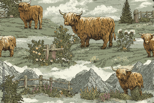 Seamless Pattern – Highland Cattle in Meadows with Weathered Fences, Wild Thistles, Misty Mountains, and Hidden Celtic Knots in Burnt Umber, Moss Green, and Slate Gray for Upholster 