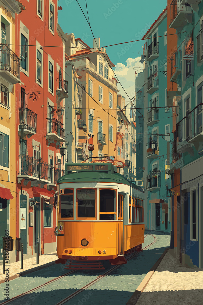 Naklejka premium illustration inspired by postcards and posters from the 70s, Lisbon , typical street with a mythical trolley car. Portugal 