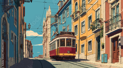 illustration inspired by postcards and posters from the 70s, Lisbon , typical street with a mythical trolley car. Portugal 