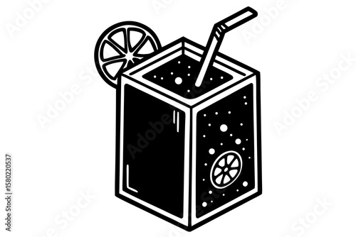 small juice box with straw and fruit
