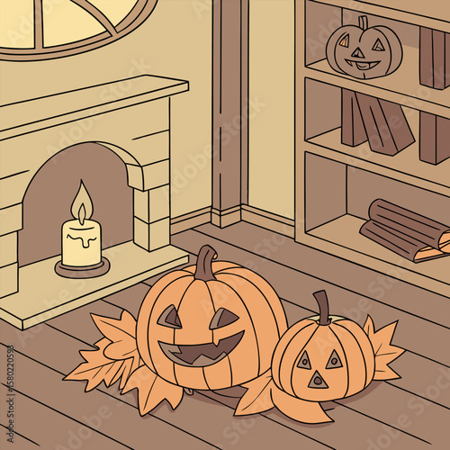 Cozy halloween scene with carved jack o lanterns a lit candle on a fireplace hearth and a bookshelf filled with books and firewood