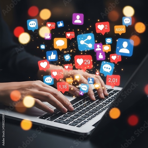 Social media marketing and online engagement connected through laptop
