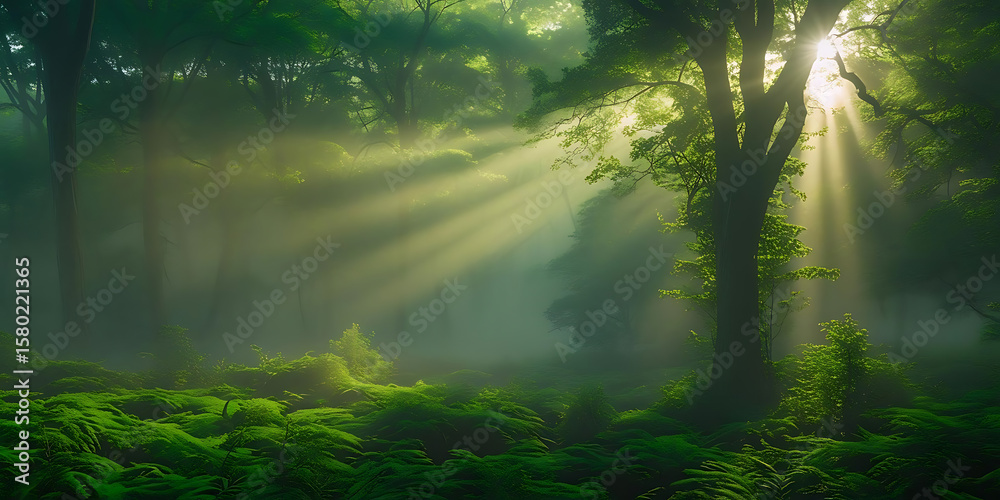 Fototapeta premium Sunbeams Through Misty Forest Ferns
