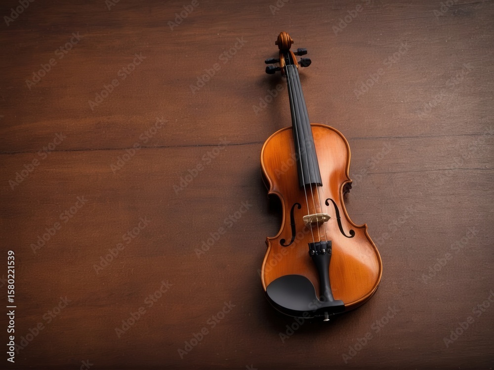 Fototapeta premium A solitary violin stands majestically against a rich wooden backdrop