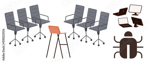 Office chairs in a meeting setup, diverse computers, and a bug icon reflecting software development, analysis, collaboration, and debugging concepts. Ideal for IT, teamwork, collaboration project