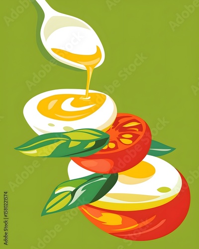 Green background with a spoon pouring a yellow substance on top of a tomato