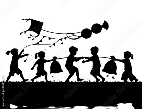 Silhouette of Children Playing Tug of War and Flying Kites – Vector Illustration