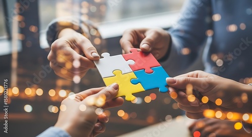 Diverse hands collaboratively assembling colorful puzzle pieces, symbolizing teamwork and problem-solving in a modern setting.