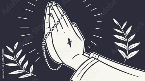 Illustration of praying hands with rosary beads and a cross tattoo on a dark blue background design