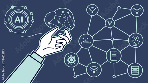 Hand interacting with ai cloud network and connected icons on a dark blue background design