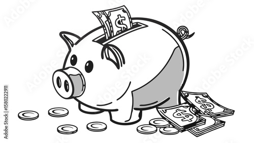 Illustration of a piggy bank with money being inserted and coins and bills scattered around it