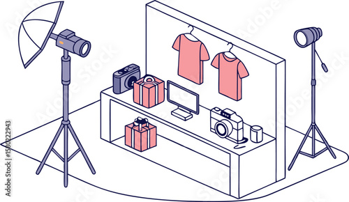 Isometric illustration of a product photography setup featuring cameras lighting equipment gifts and clothing on a display shelf for e commerce