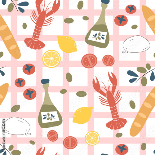 cute hand drawn colorful seamless vector pattern illustration with lobster, tomatoes, lemon, bread, olives, oil, mozzarella on pink striped background
