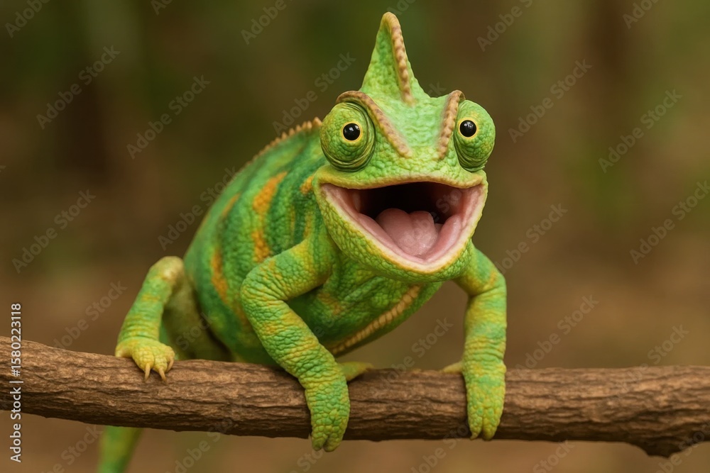 Fototapeta premium A vibrant green chameleon with its mouth open wide, showcasing its unique spiral horns, poised on a branch in a lush forest
