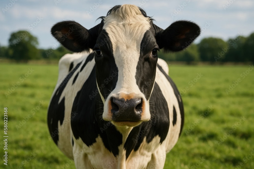 A black and white cow stands majestically amidst a verdant field under a clear sky, embodying the tranquility of rural life A black and white cow stands majestically amidst a verdant field under a clear sky, embodying the tranquility of rural life