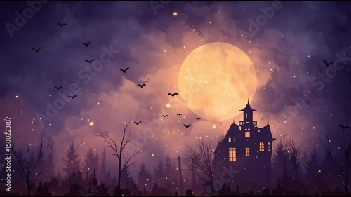 Halloween Illustration with Glowing Pumpkins and Haunted House(光るカボチャとお化け屋敷のハロウィンイラスト)