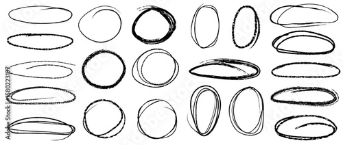 Crayon or chalk brush drawn ellipses, ovals and bubbles to circle and highlight text. Big collection of charcoal and ink textured emphasis elements. Vector round outline shapes.