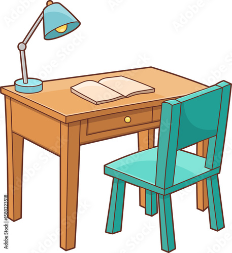 Illustrated desk scene with a chair, lamp, and book for study or work.