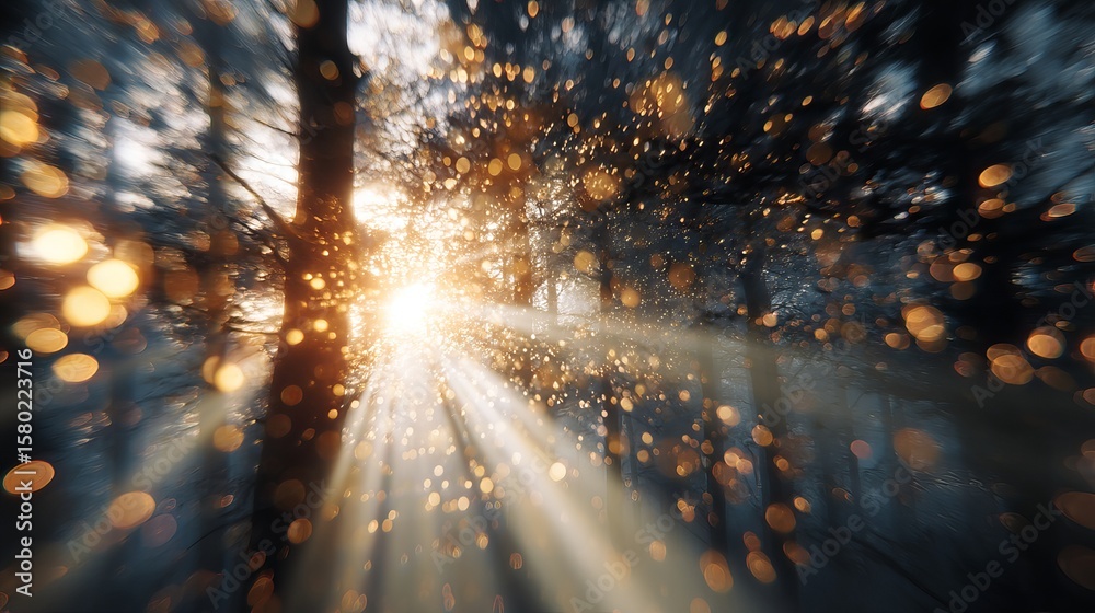 Fototapeta premium Abstract light burst through forest trees with sparkling glitter bokeh