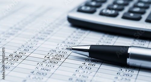 Close-up of financial spreadsheet, calculator, and pen; suggesting accounting or financial analysis.
