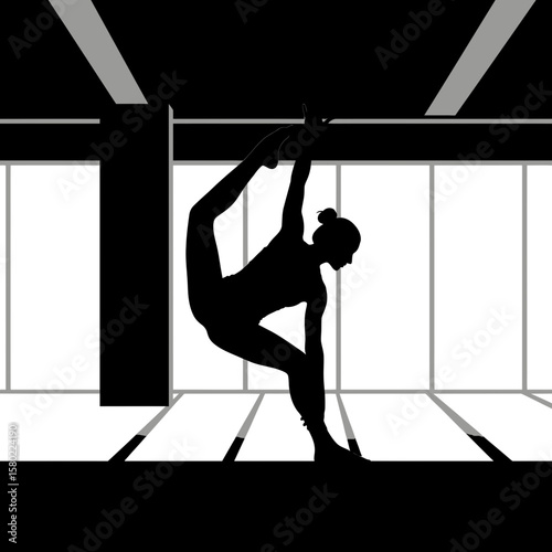 Woman Exercising Yoga Pose in Fitness Studio - Black Silhouette