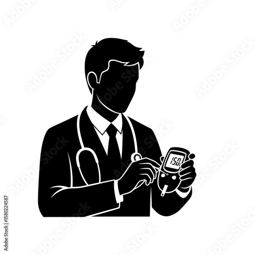 Doctor Checking Blood Sugar with Glucometer - Diabetes Care Silhouette