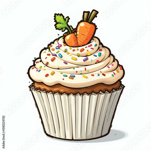 Deliciously decorated cupcake with creamy frosting and bright sprinkles, topped with a cute carrot garnish.