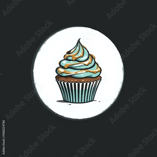 Deliciously decorated cupcake with blue frosting in a classic striped wrapper, perfect for dessert lovers.