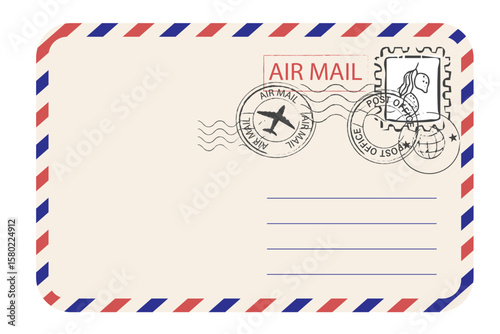 Air mail envelope with spriped border, stamp and mark. Retro Vintage postage card. Blank template with stamp. Airmail frame