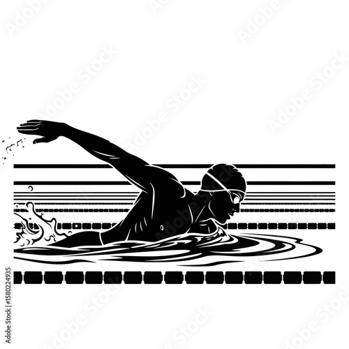Professional Man Swimmer in an Outdoor Pool - Athletic Silhouette