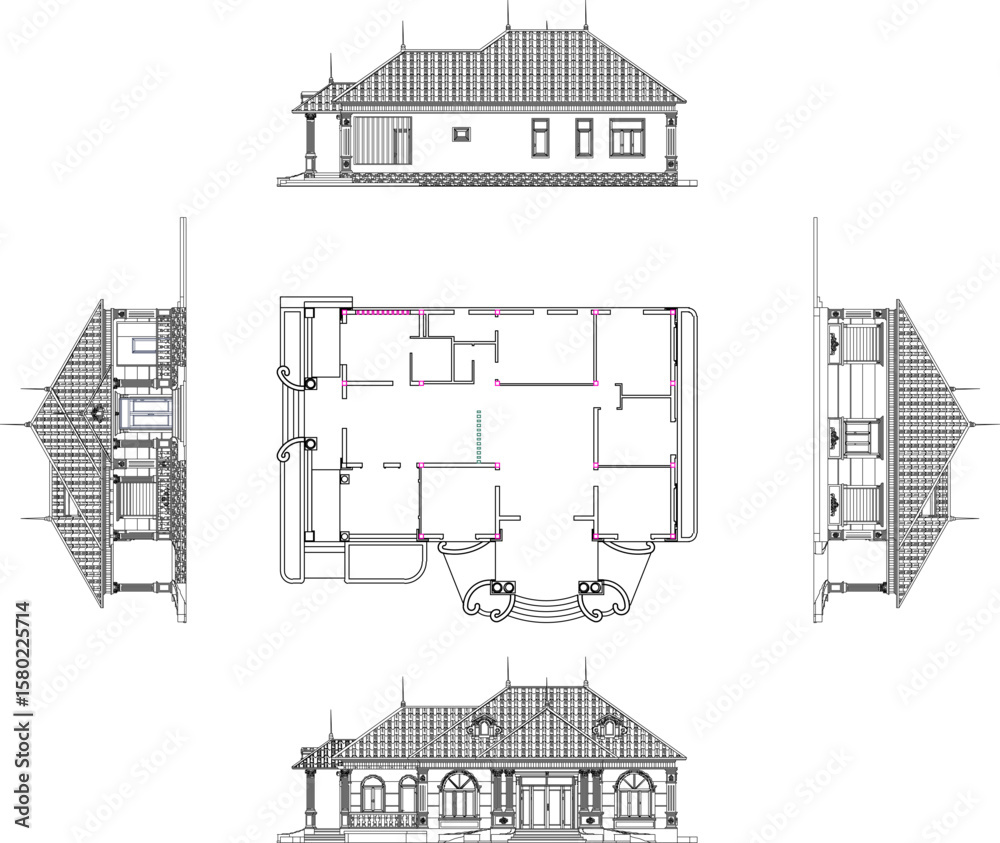 Naklejka premium vector illustration of architectural engineering design site plan layout view facade of classic vintage house building