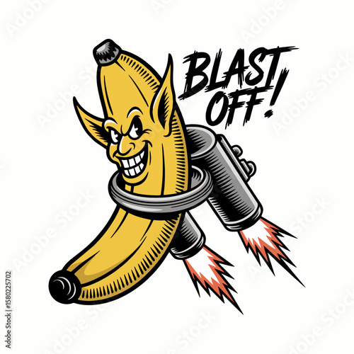 Cartoon illustration of a banana with a mischievous face, wearing a jetpack and the words "BLAST OFF!".