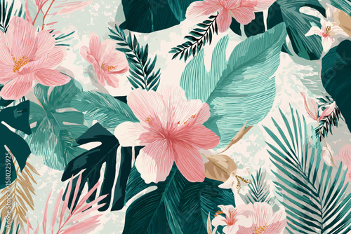 Seamless Pattern – Large Aara Palm Leaves and Tropical Florals in Natural Greens and Soft Pinks with Delicate Veining, Flat Vector Style for Sophisticated Tropical Fabric Designs