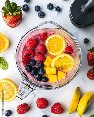 Blender full of fruit including strawberries, blueberries, raspberries