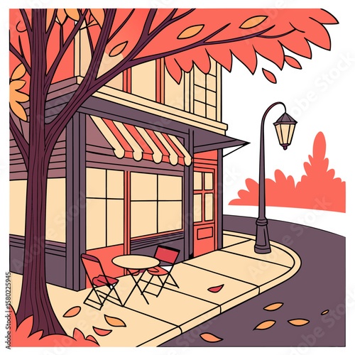 Illustration of a corner cafe with outdoor seating under an awning and a tree with autumn leaves nearby