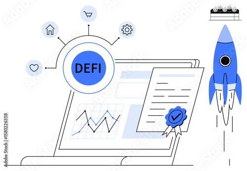Laptop displaying data charts, documents with certification, blockchain icons, and a rocket signifying growth. Ideal for finance, technology, innovation, blockchain, investments progress futuristic