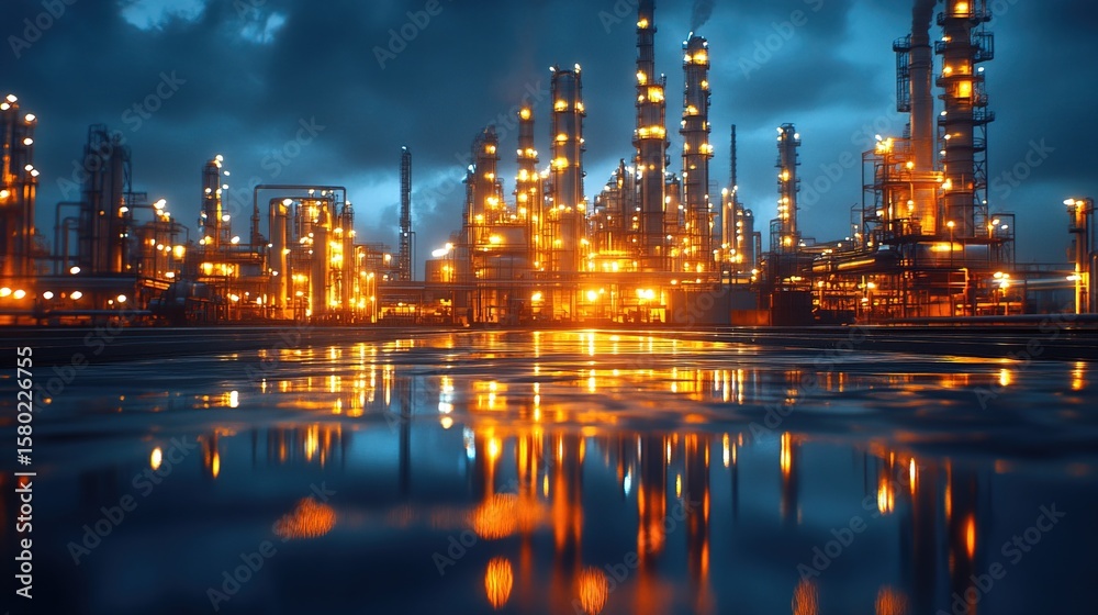 Naklejka premium Neon-lit oil refinery at night, industrial glow reflecting on a metallic surface