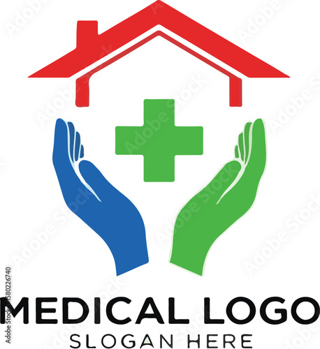 Medical logo with hands, cross symbol, and house
