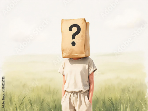 Person with a question mark bag on their head, symbolizing mystery and curiosity.
