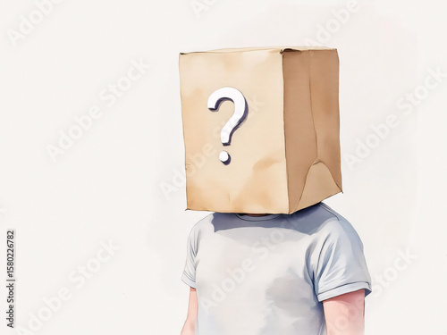 Person with a question mark bag on their head, symbolizing mystery and curiosity.