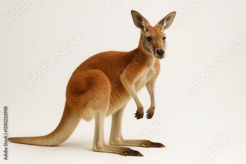 A lone kangaroo stands alert on a pristine white background, its gaze fixed forward with an air of curiosity and vigilance