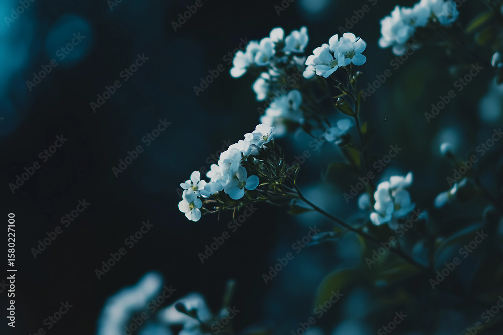 Fototapeta premium Delicate White Night Blooming Flowers In A Dark Dreamy Atmosphere With Soft Blue Tones, Generative AI