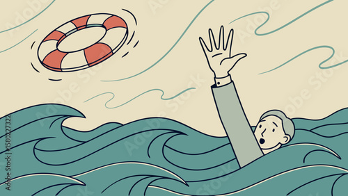 A man drowning in the ocean reaching for a life preserver floating above the waves in the sea