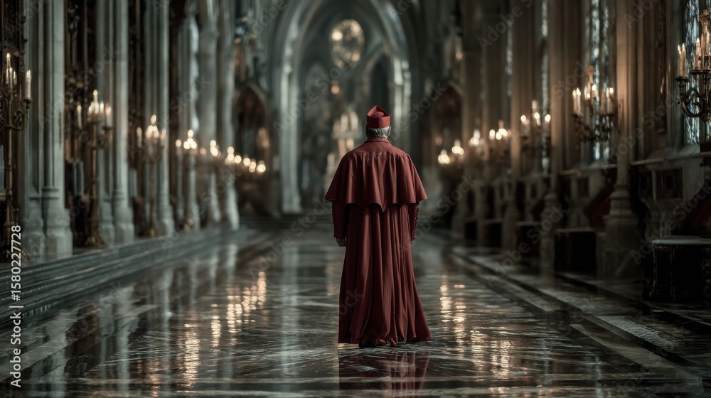Naklejka premium Back view of a cardinal walking down a cathedral aisle 