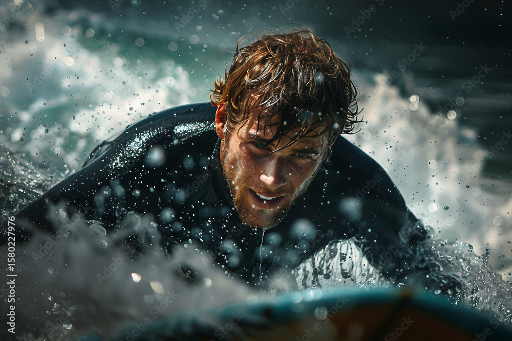 Fototapeta premium Surfer walking into ocean with surfboard during golden sunset, preparing for an adventurous ride – generative ai