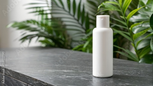 White cosmetic bottle with flip top cap on a dark textured surface with green leaves background