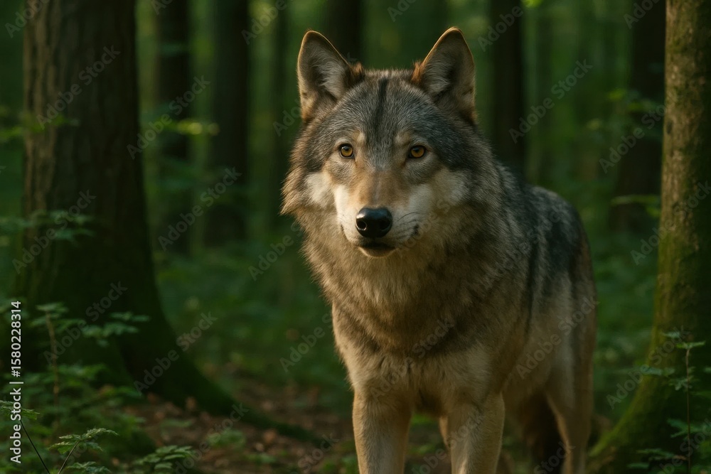 Fototapeta premium A solitary wolf stands guard in the heart of a verdant forest, its piercing gaze reflecting the whispers of nature